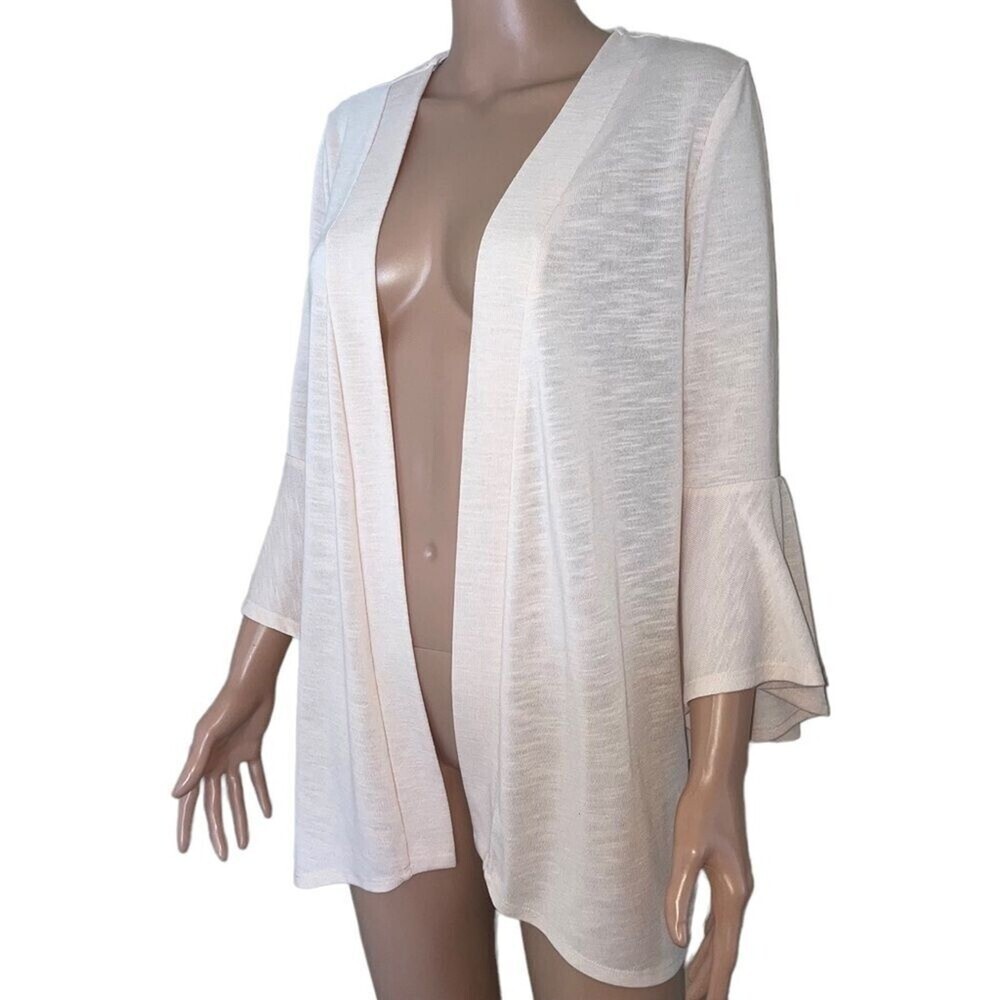 LC Lauren Conrad cream peach open front lightweight trumpet sleeve cardigan SZ M - Picture 3 of 9